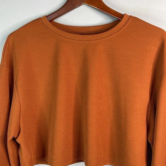 SHEIN Cropped Ribbed Lantern Sleeve Top Rust Brown Crewneck Balloon Size M - Picture 3 of 10